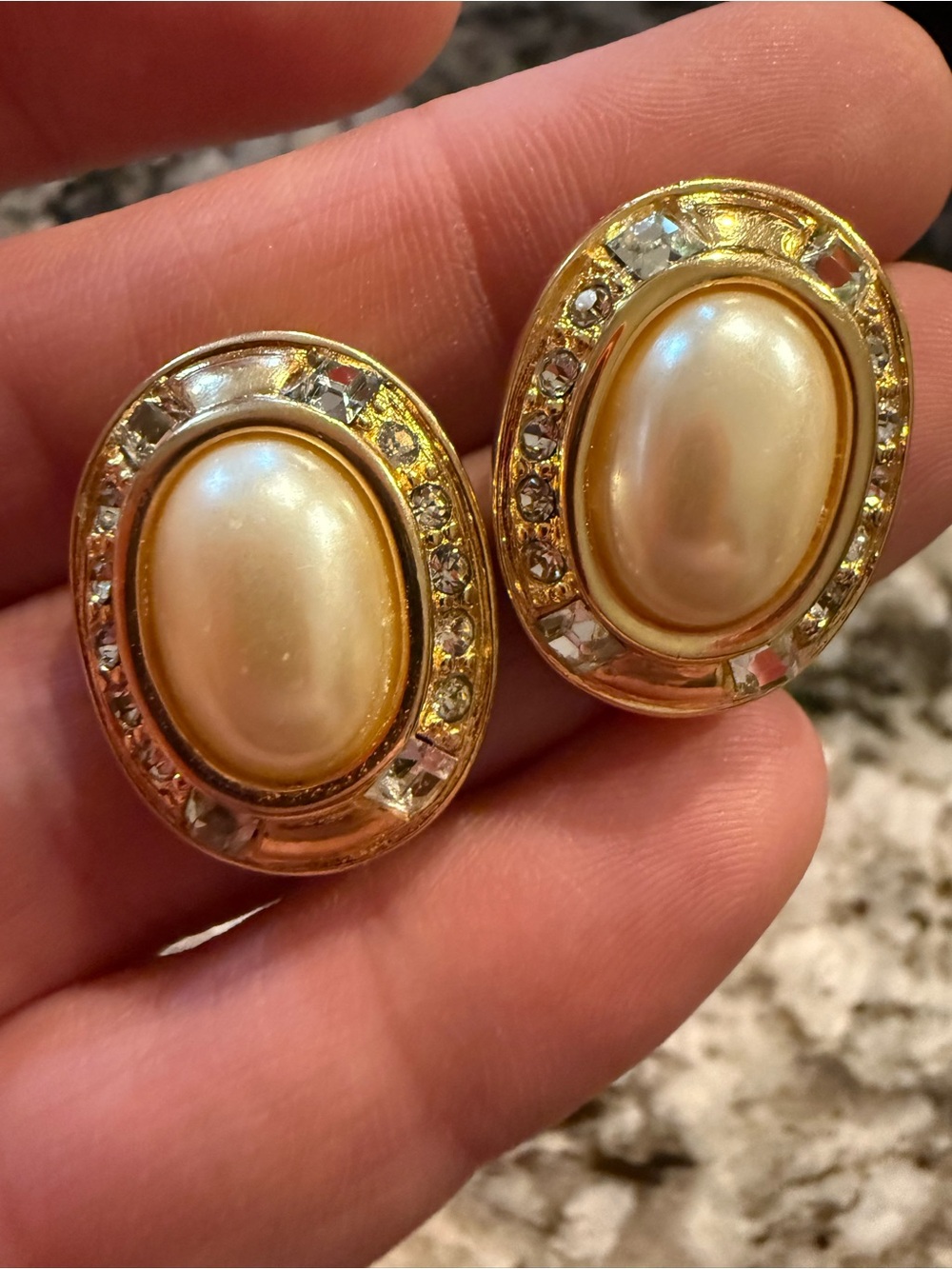 Vintage Signed Napier Gold Tone Faux Pearl & Rhinestone Oval Pierced Earrings